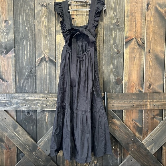 Self-Portrait Poplin Midi Dress 2 Black Square Neck Ruffles Boho Open Back - Picture 3 of 11